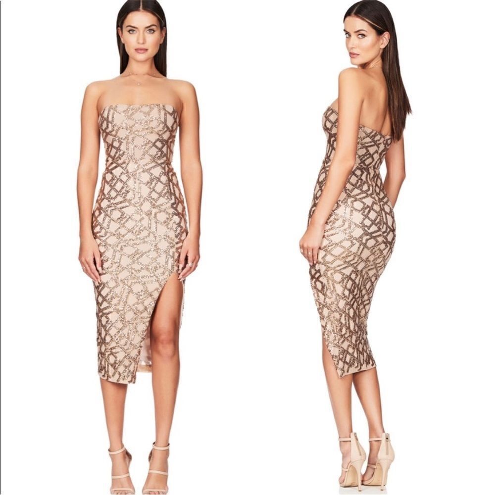 Nookie Eclipse Strapless Midi Dress size large Gold NWT